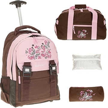 4er SET ELEPHANT FLORA Trolley Schultrolley + Sporttasche + Mäppchen + Regenschutz / Rucksacktrolley / Rosa BRAUN -