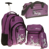 5er SET: Trolley BESTWAY ROLLIN Rucksacktrolley Schultrolley Schulrucksack + SPORTTASCHE + SPORTBEUTEL + MÄPPCHEN + REGENSCHUTZ | BUTTERFLY Lila -