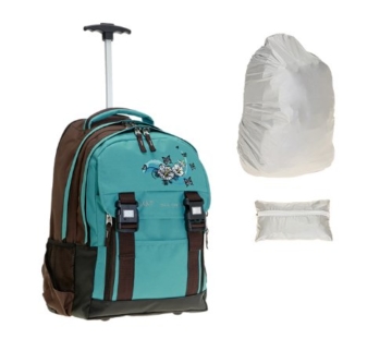 ELEPHANT Schultrolley Schulrucksack Trolley + Regenhülle BUTTERFLY Flower Türkis - 