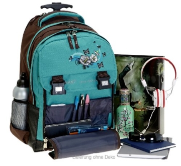 ELEPHANT Schultrolley Schulrucksack Trolley + Regenhülle BUTTERFLY Flower Türkis - 