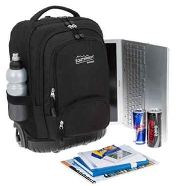 SOUTHWEST Trolley Rucksack SAMMY2 mit Kunststoffboden + Trinkflasche (Schwarz 0100) - 