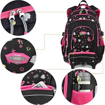 Schultrolleys Mädchen,Coofit Trolley Rucksa Kindertrolley Schultrolley Trolley Rucksack mit Rollen Rucksacktrolley Schulrucksack Schulranzen Trolley Tasche (Schwarz mit Blau) (Schwarz mit Rose) - 3