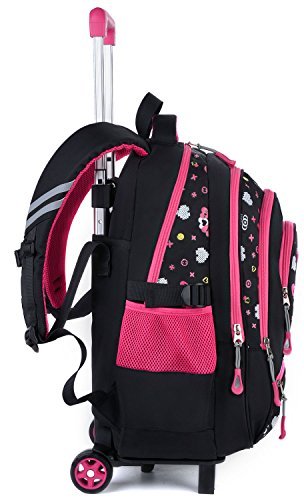 Schultrolleys Mädchen,Coofit Trolley Rucksa Kindertrolley Schultrolley Trolley Rucksack mit Rollen Rucksacktrolley Schulrucksack Schulranzen Trolley Tasche (Schwarz mit Blau) (Schwarz mit Rose) - 6