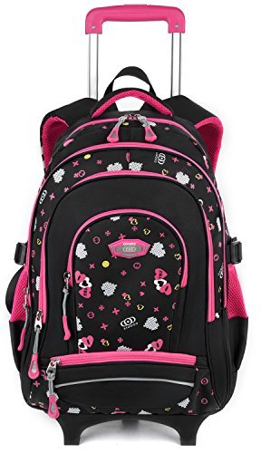Schultrolleys Mädchen,Coofit Trolley Rucksa Kindertrolley Schultrolley Trolley Rucksack mit Rollen Rucksacktrolley Schulrucksack Schulranzen Trolley Tasche (Schwarz mit Blau) (Schwarz mit Rose) - 1